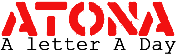 Atona Logo. Text says Atona - A Letter A Day. Atona is in red the rest of the text is in black on a white background